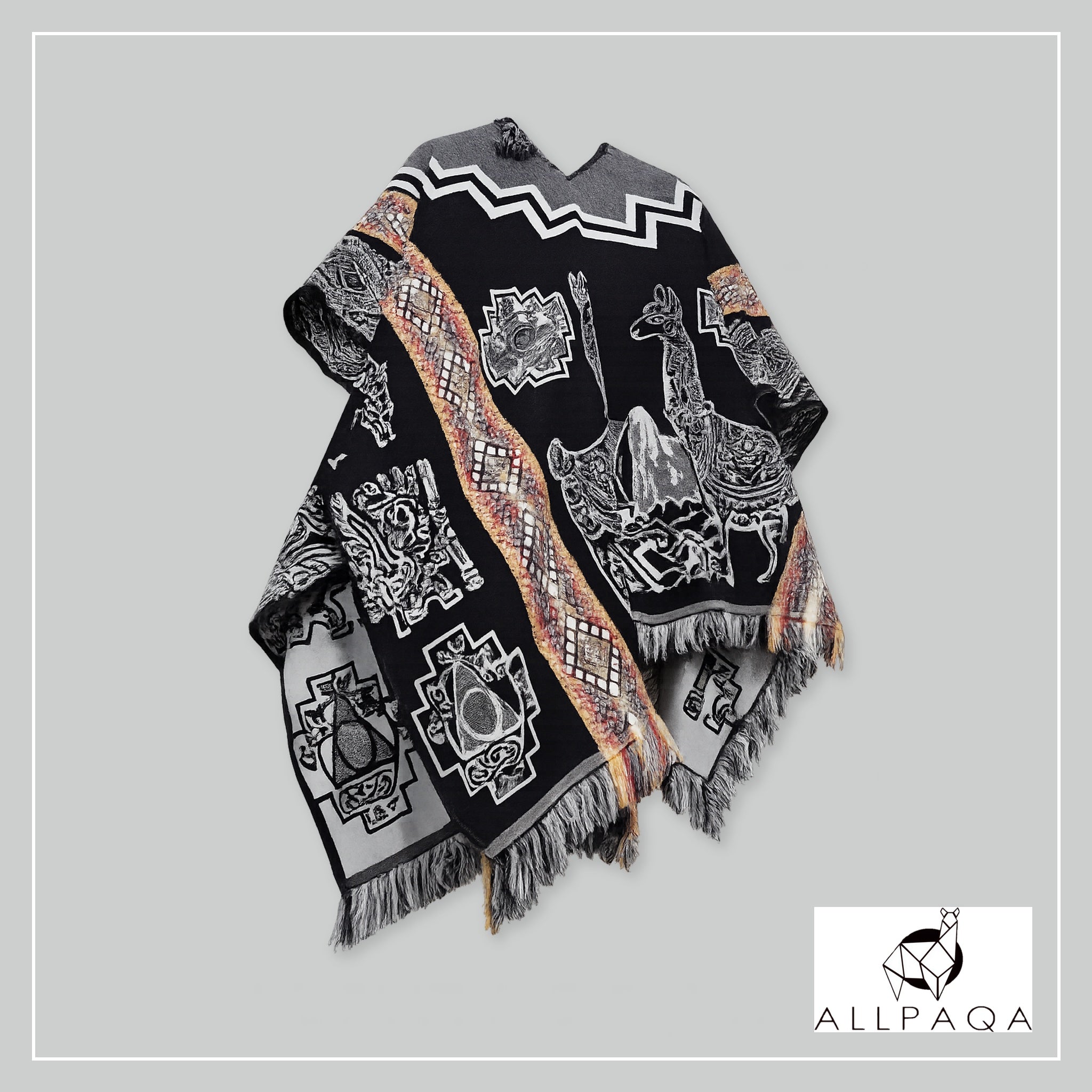 Allpaqa NZ Square patterned poncho - Black with alpaca pattern and red strips (XL)