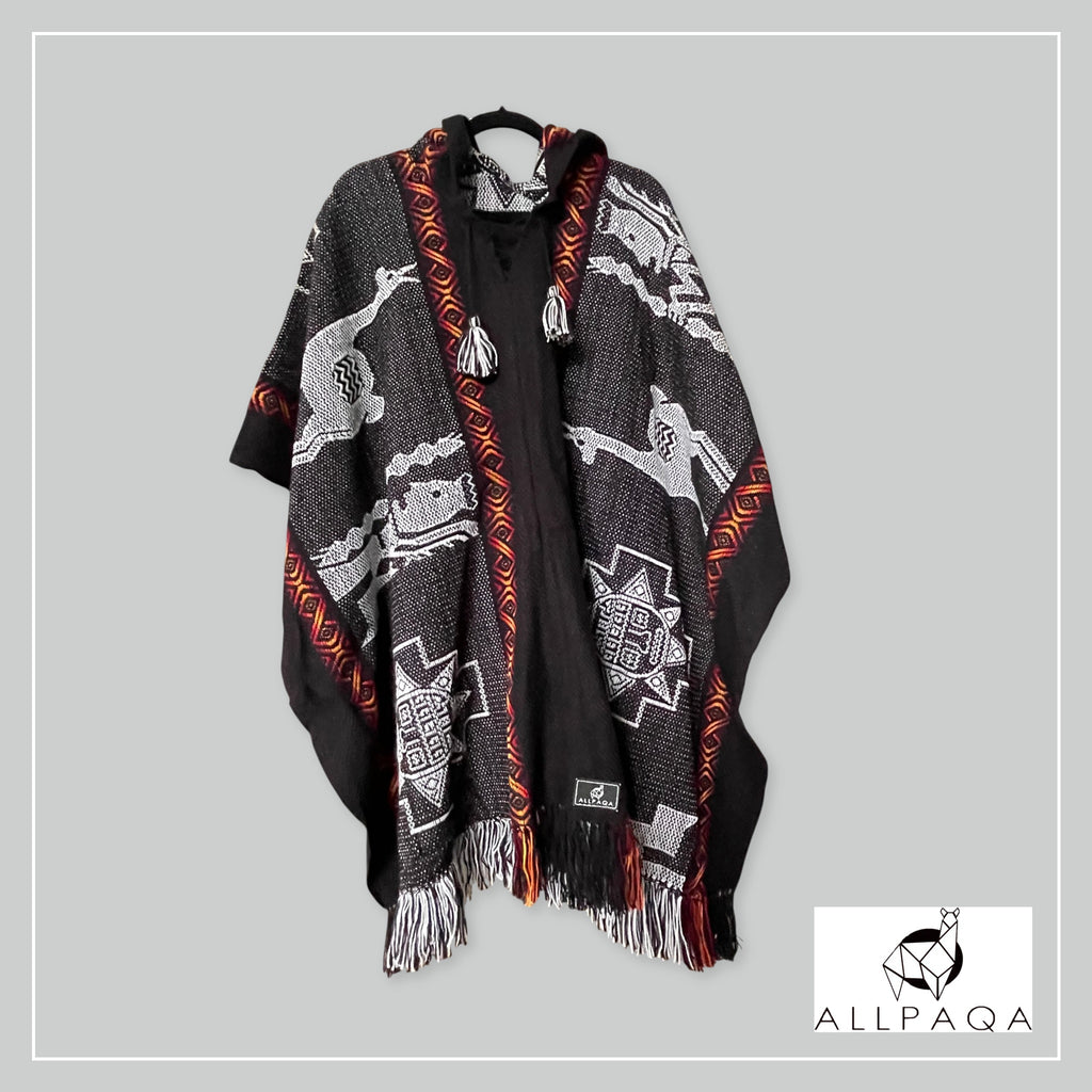 Handmade alpaca poncho in black with red strips (XL)