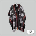 Handmade alpaca poncho in black with red strips (XL)