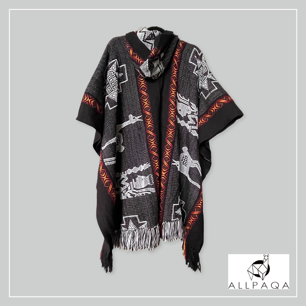 Handmade alpaca poncho in black with red strips