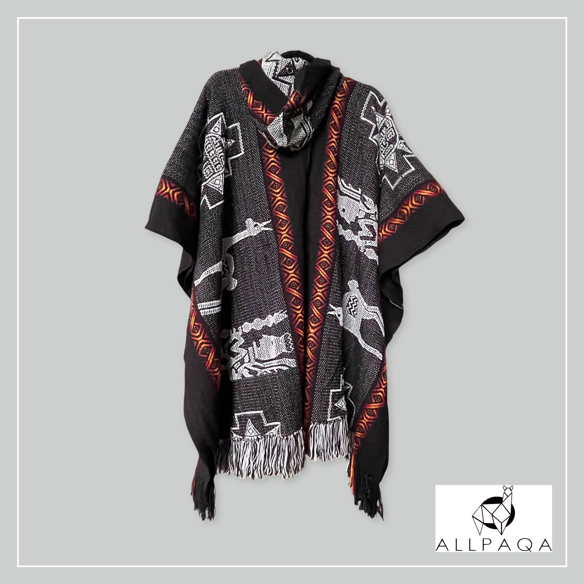 Handmade alpaca poncho in black with red strips