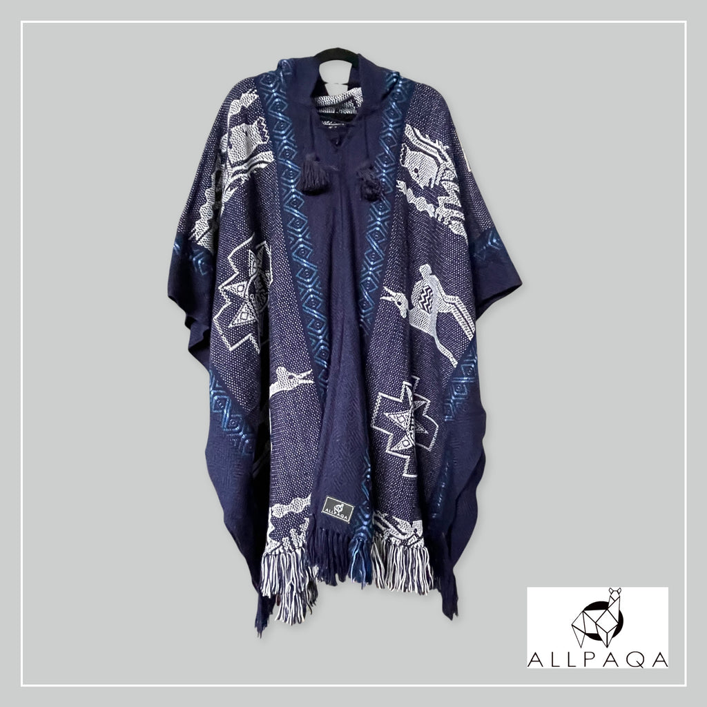 Handmade alpaca poncho in blue with alpaca pattern
