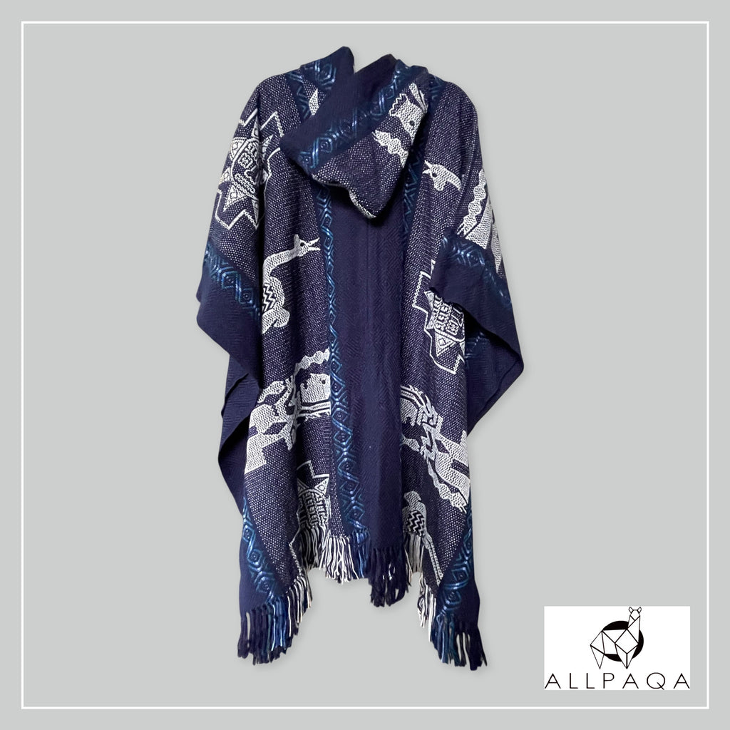 Handmade alpaca poncho in blue with alpaca pattern