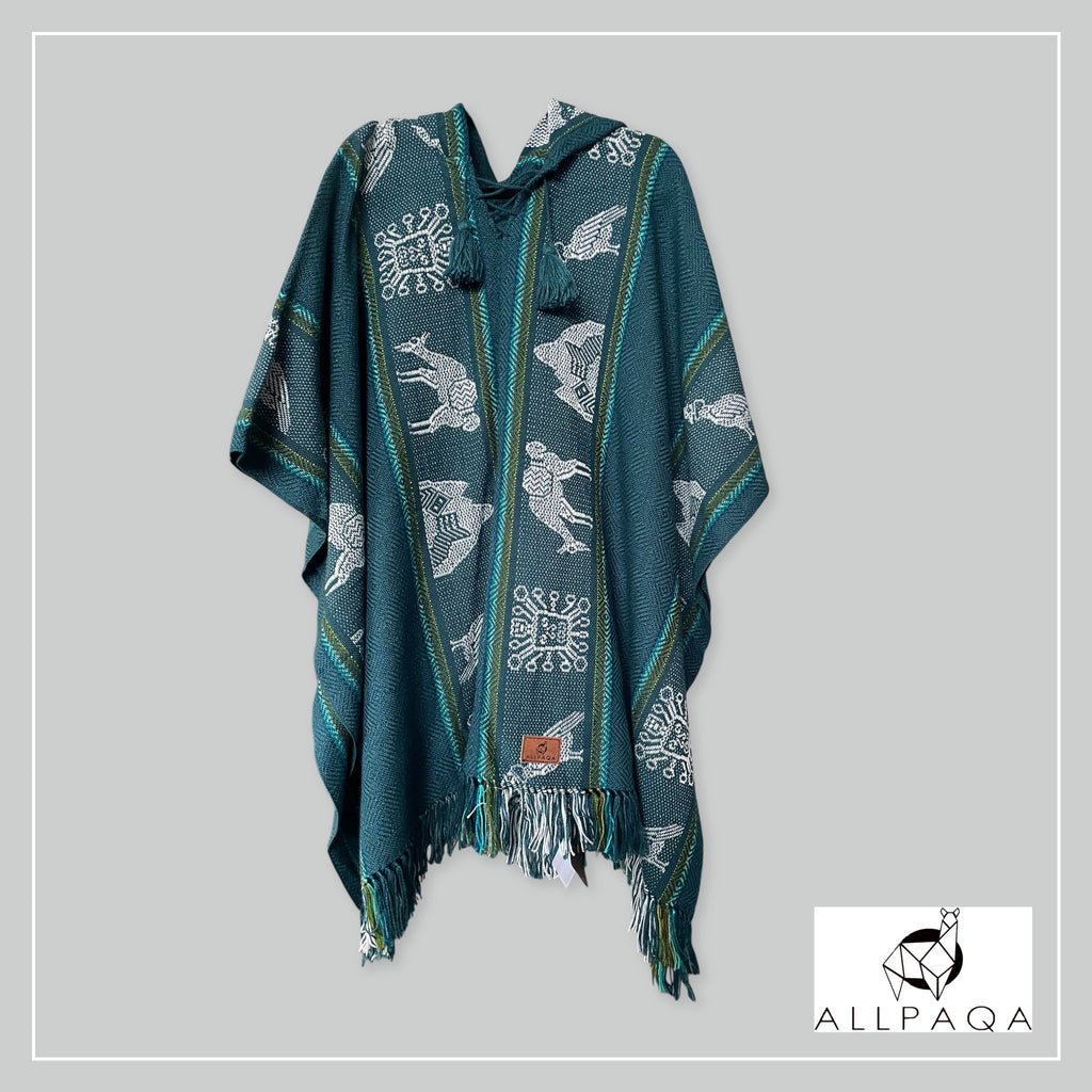 Handmade alpaca poncho in turquoise green with blue strips