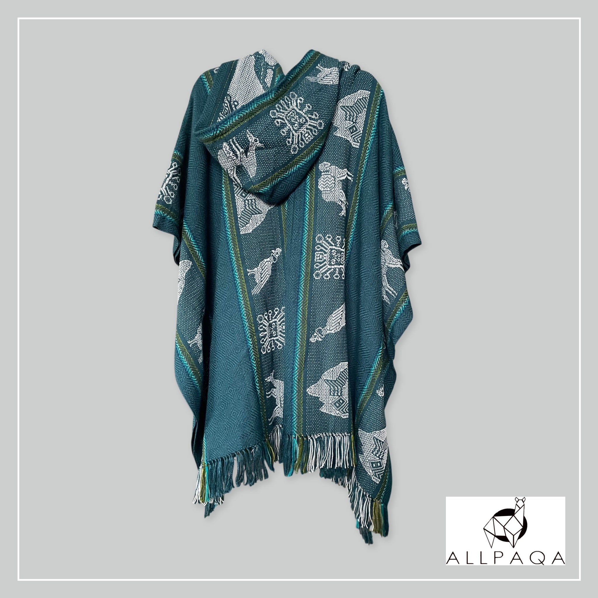Handmade alpaca poncho in turquoise green with blue strips