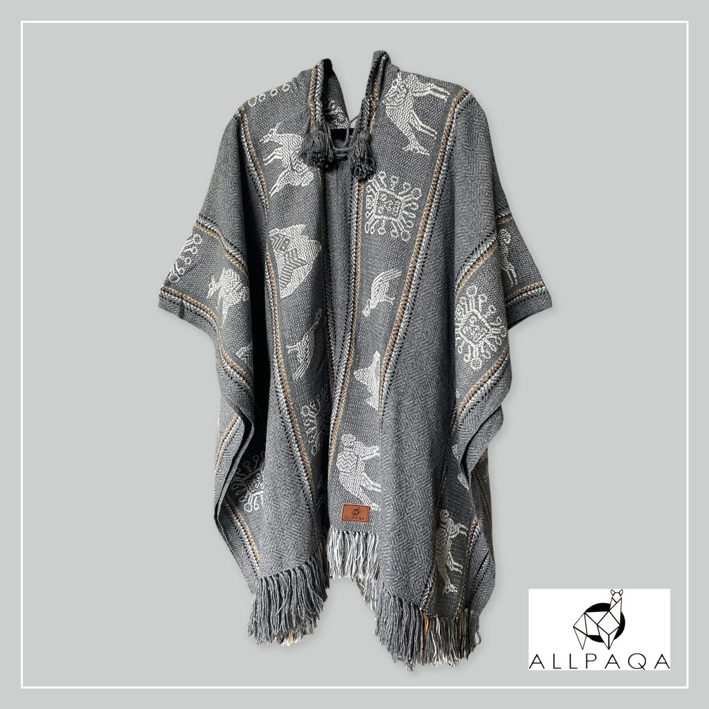 Handmade alpaca poncho in light grey with brown strips