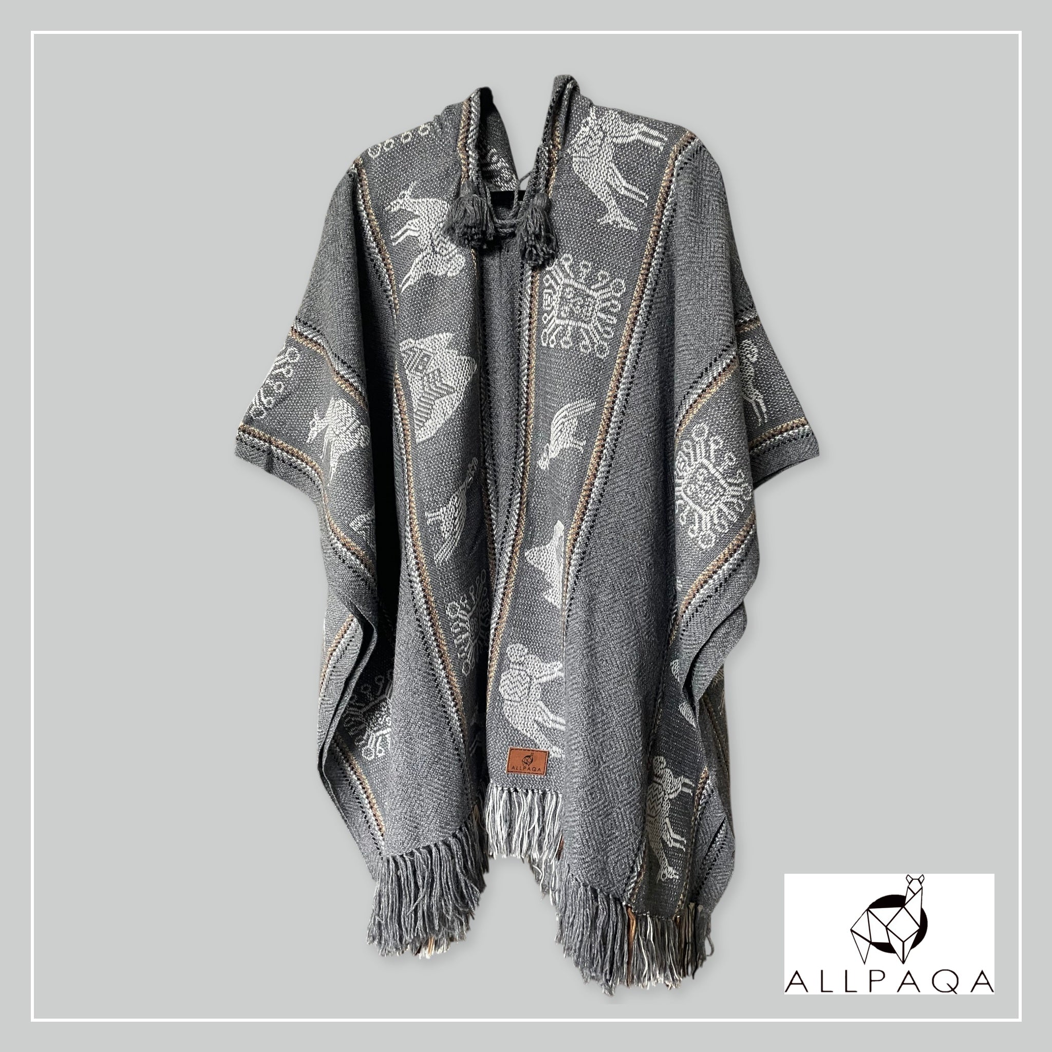 Handmade alpaca poncho in light grey with brown strips
