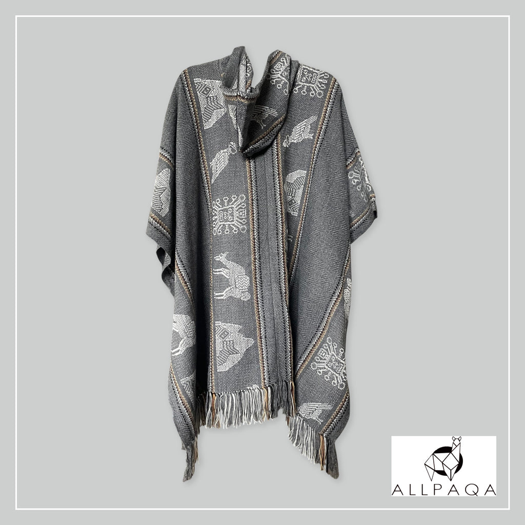 Handmade alpaca poncho in light grey with brown strips