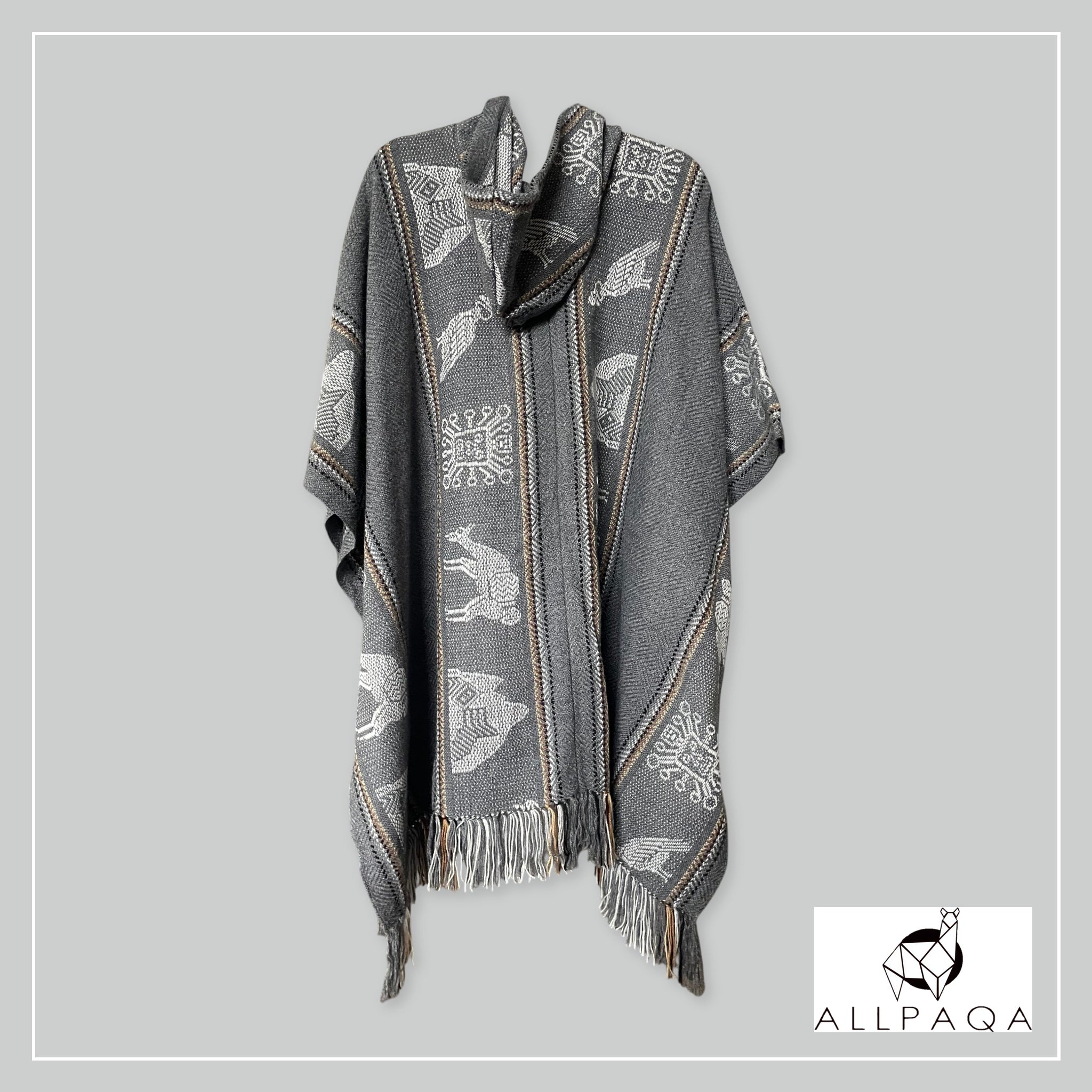 Handmade alpaca poncho in light grey with brown strips