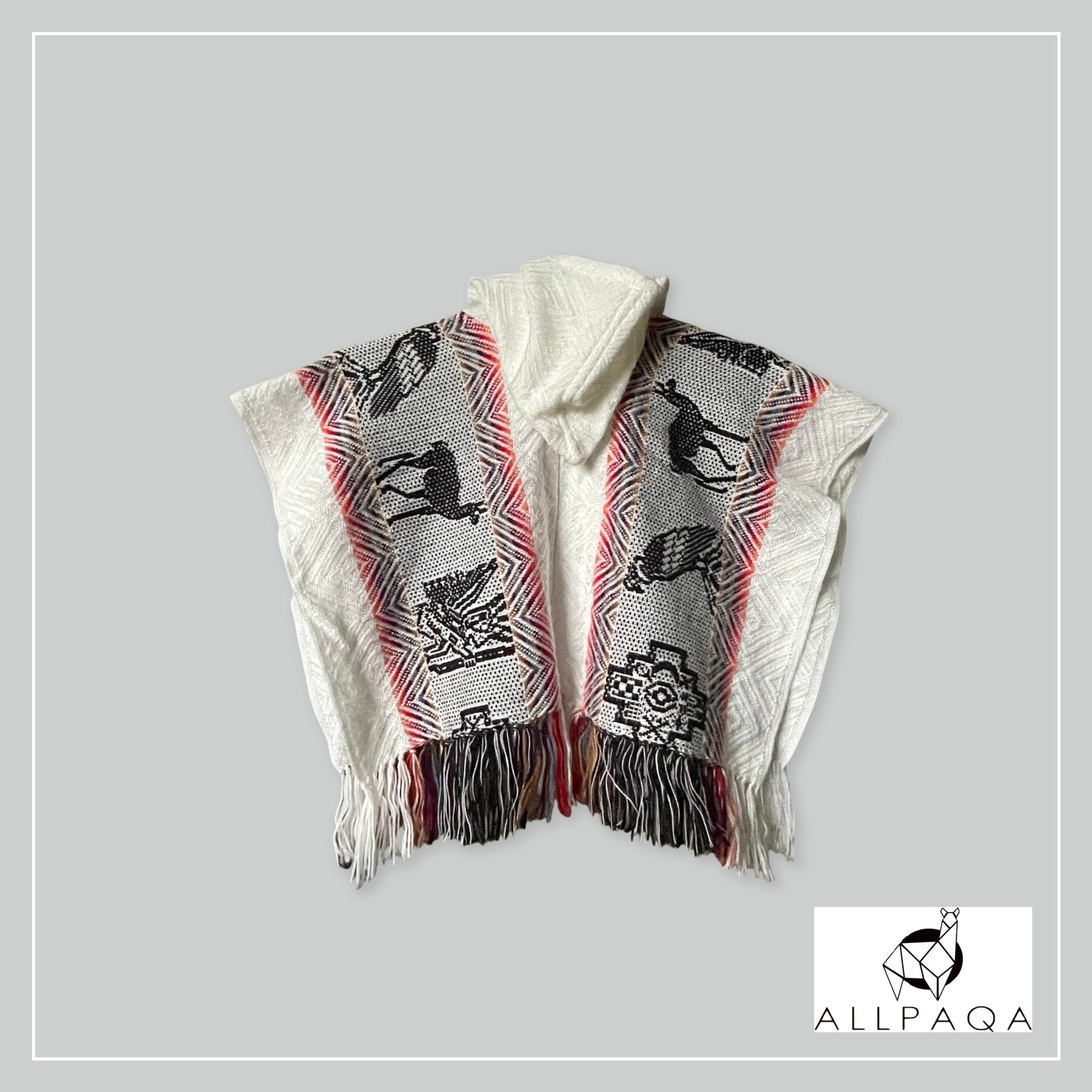 Handmade kids alpaca poncho in white with alpaca pattern