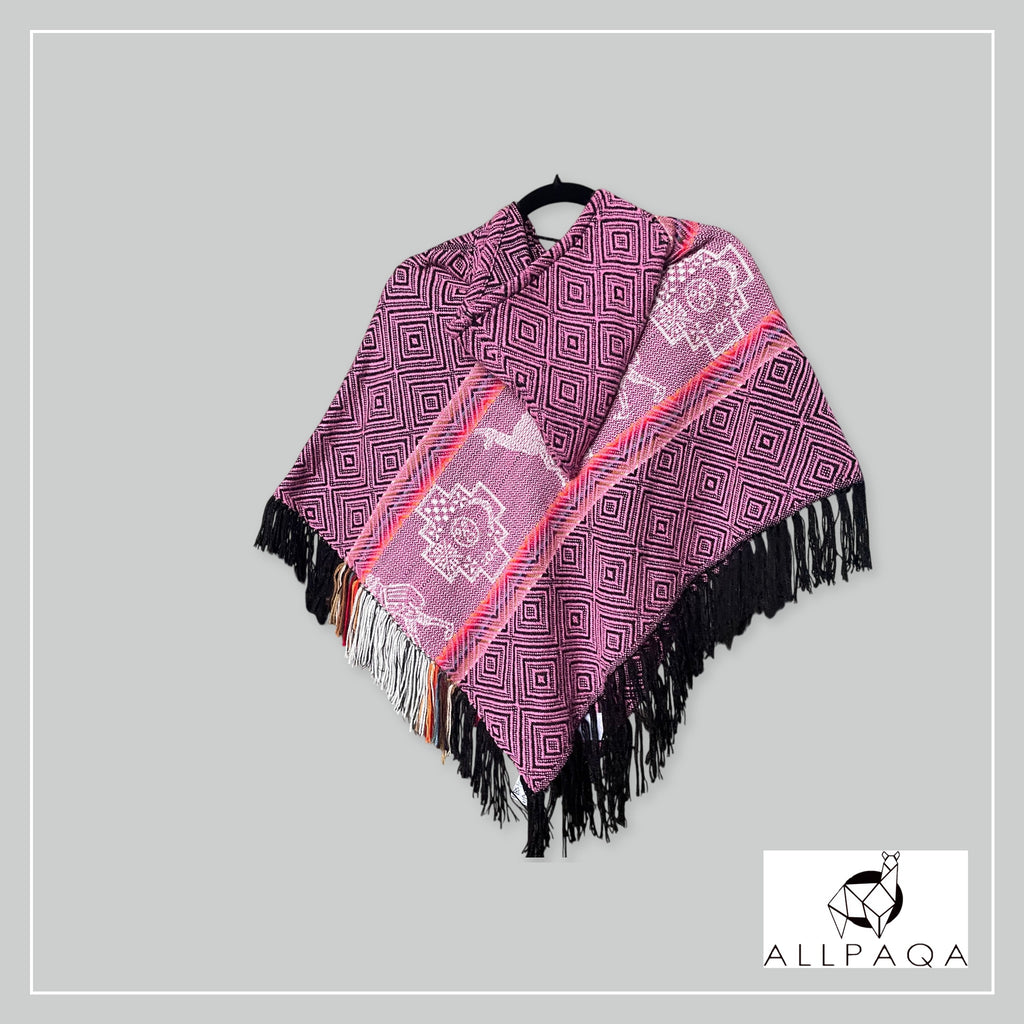 Handmade kids alpaca poncho in deep pink with alpaca pattern