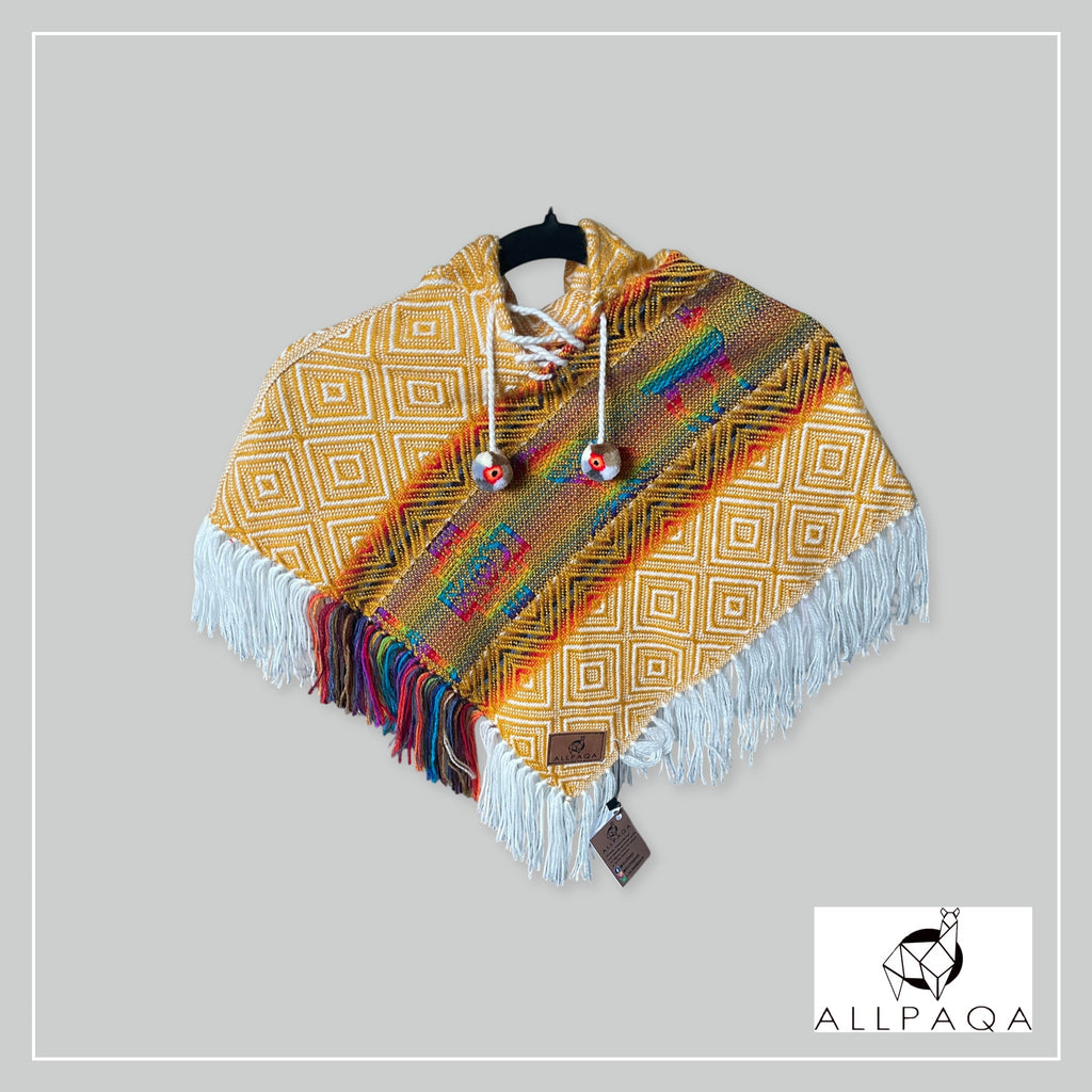 Handmade kids alpaca poncho in orange with multicolour alpaca pattern