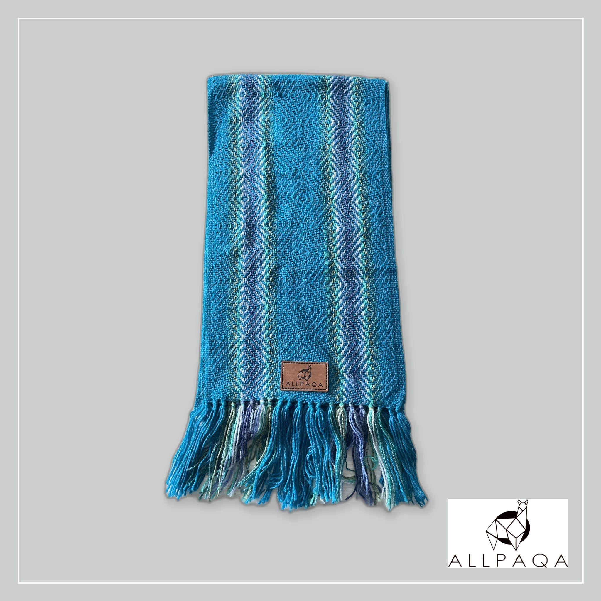 Handmade alpaca scarf in light blue with other shades of blue