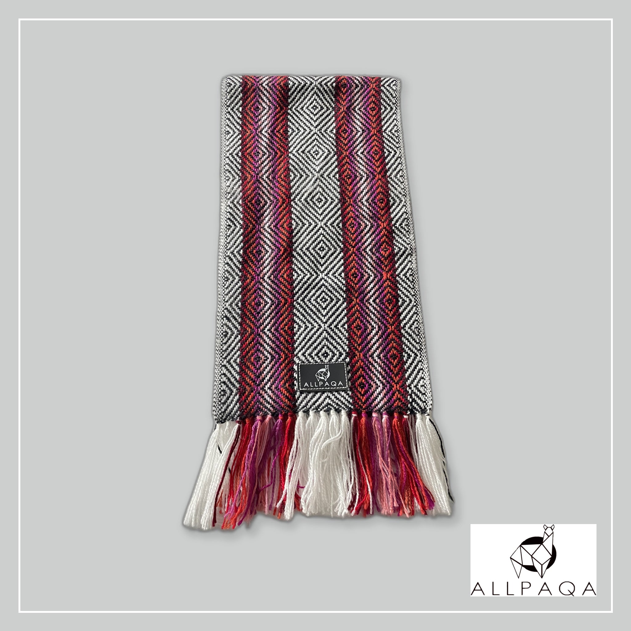 Handmade alpaca scarf in red with black and white