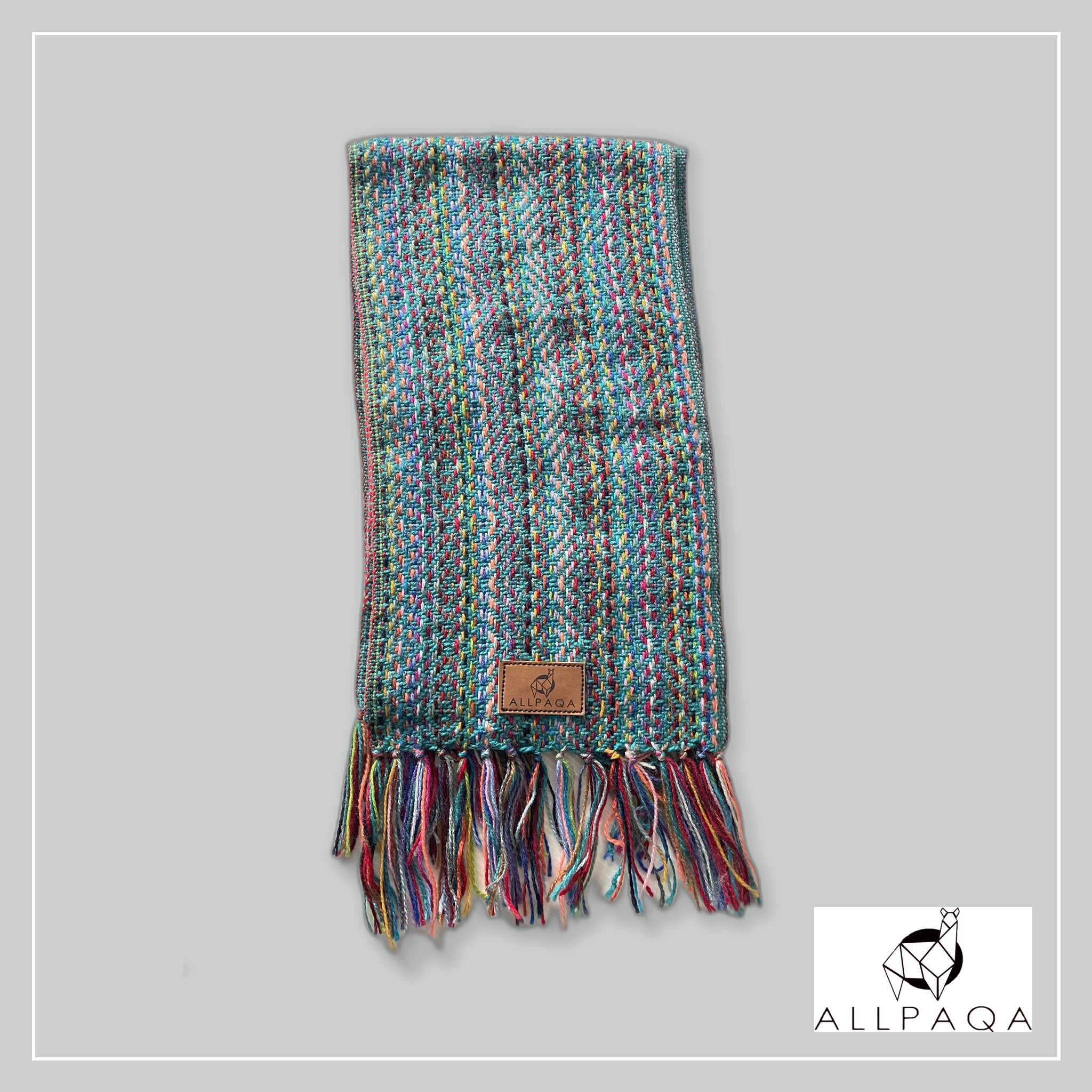 Handmade alpaca scarf in green with multicolour shades