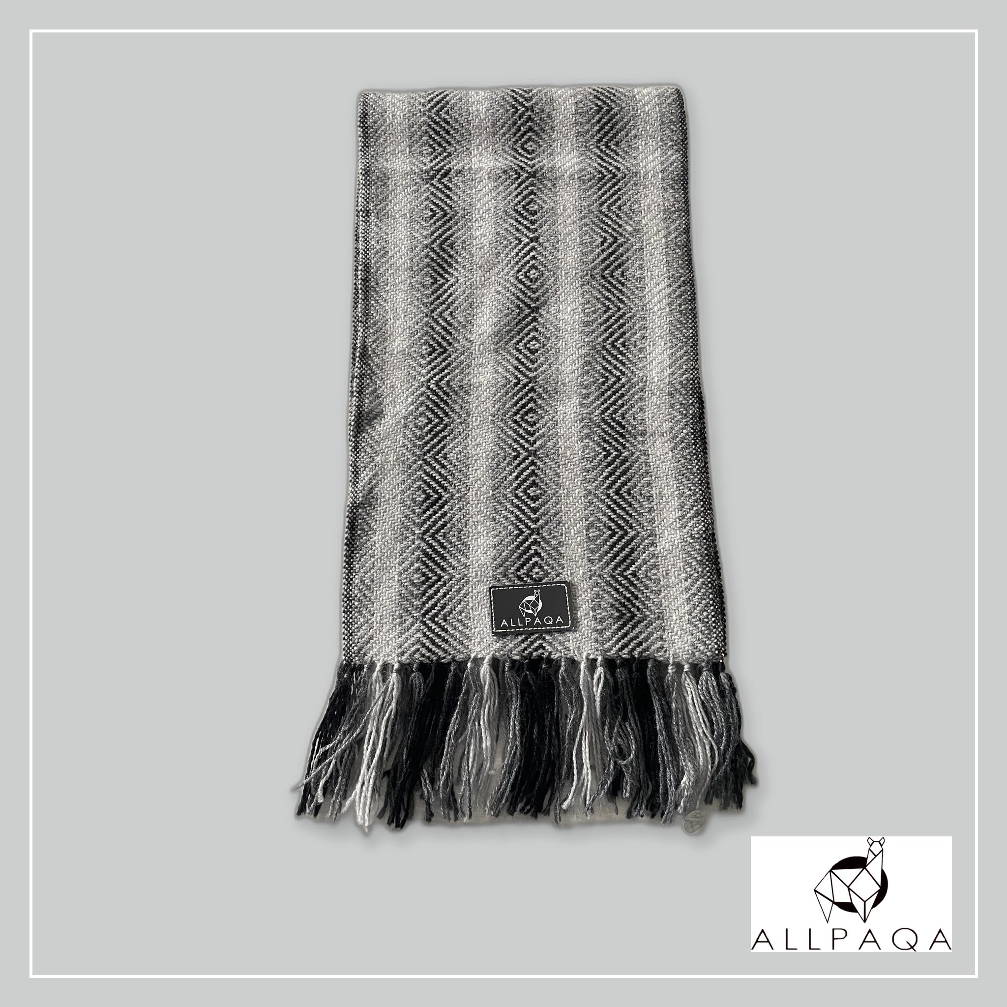 Handmade alpaca scarf in shades of grey and black