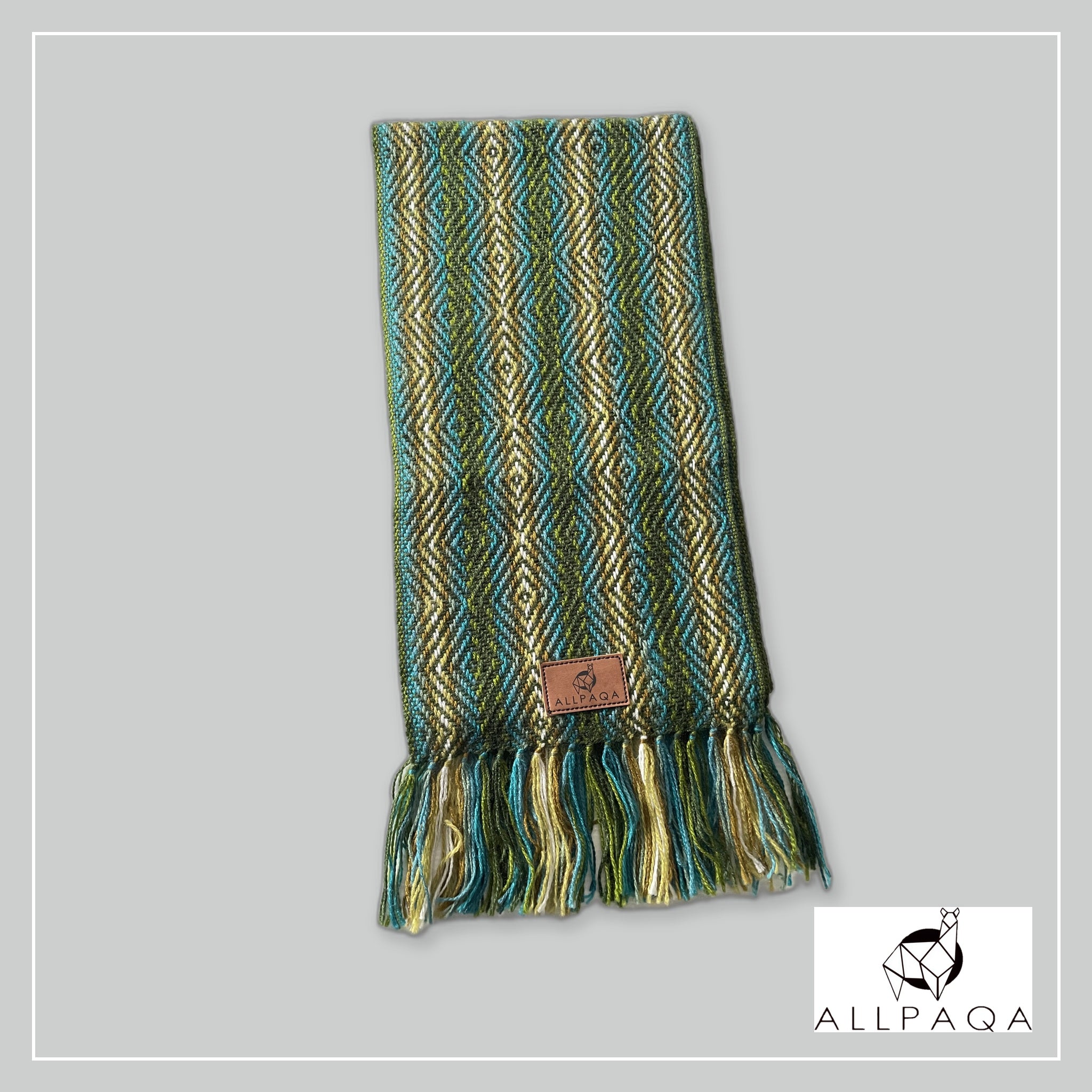 Handmade alpaca scarf in green with blue and beige shades