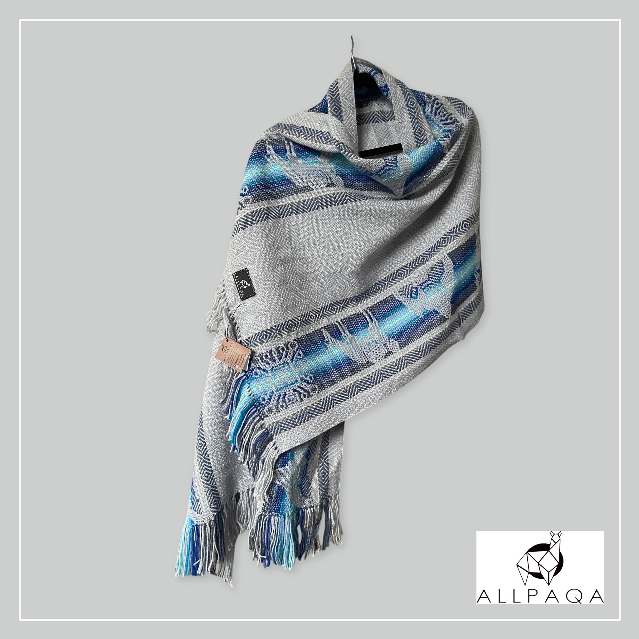 Small shawl - Light grey with blue stripes and alpaca pattern