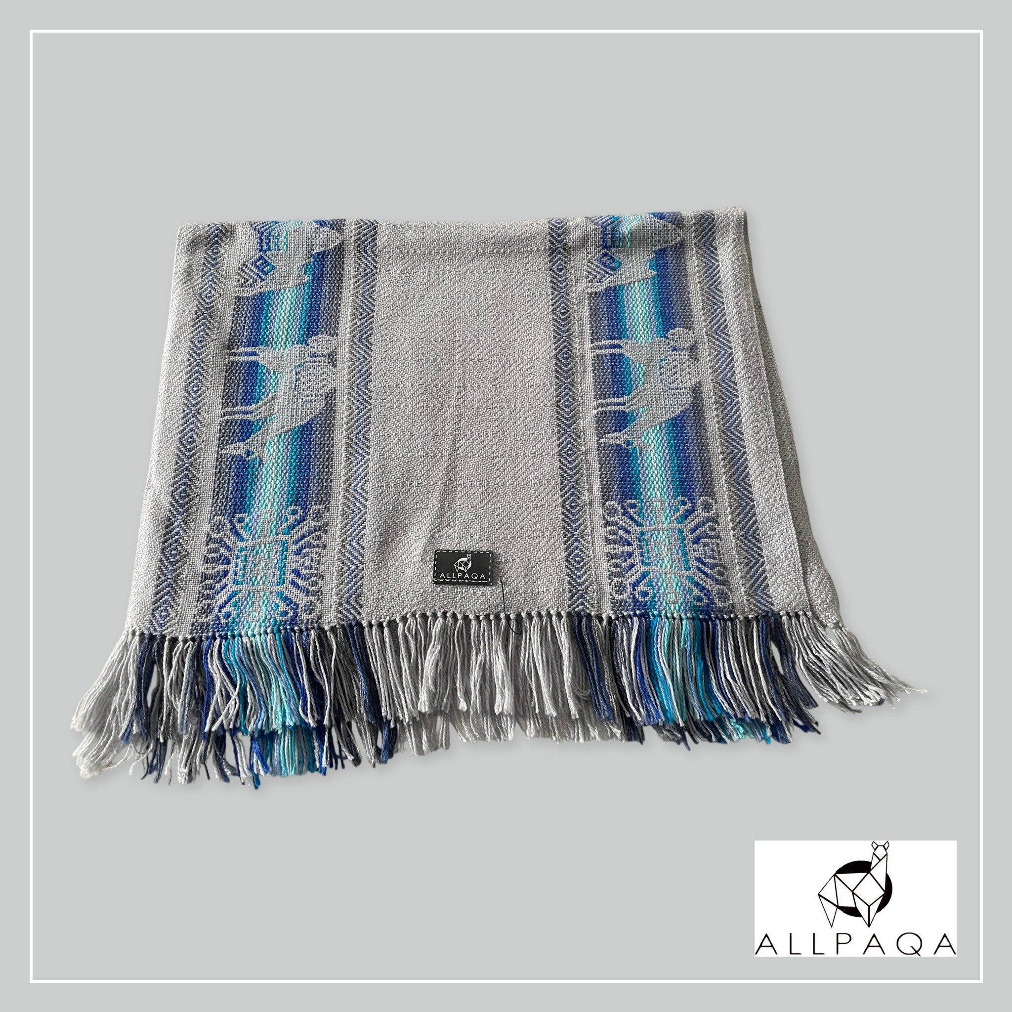Small shawl - Light grey with blue stripes and alpaca pattern