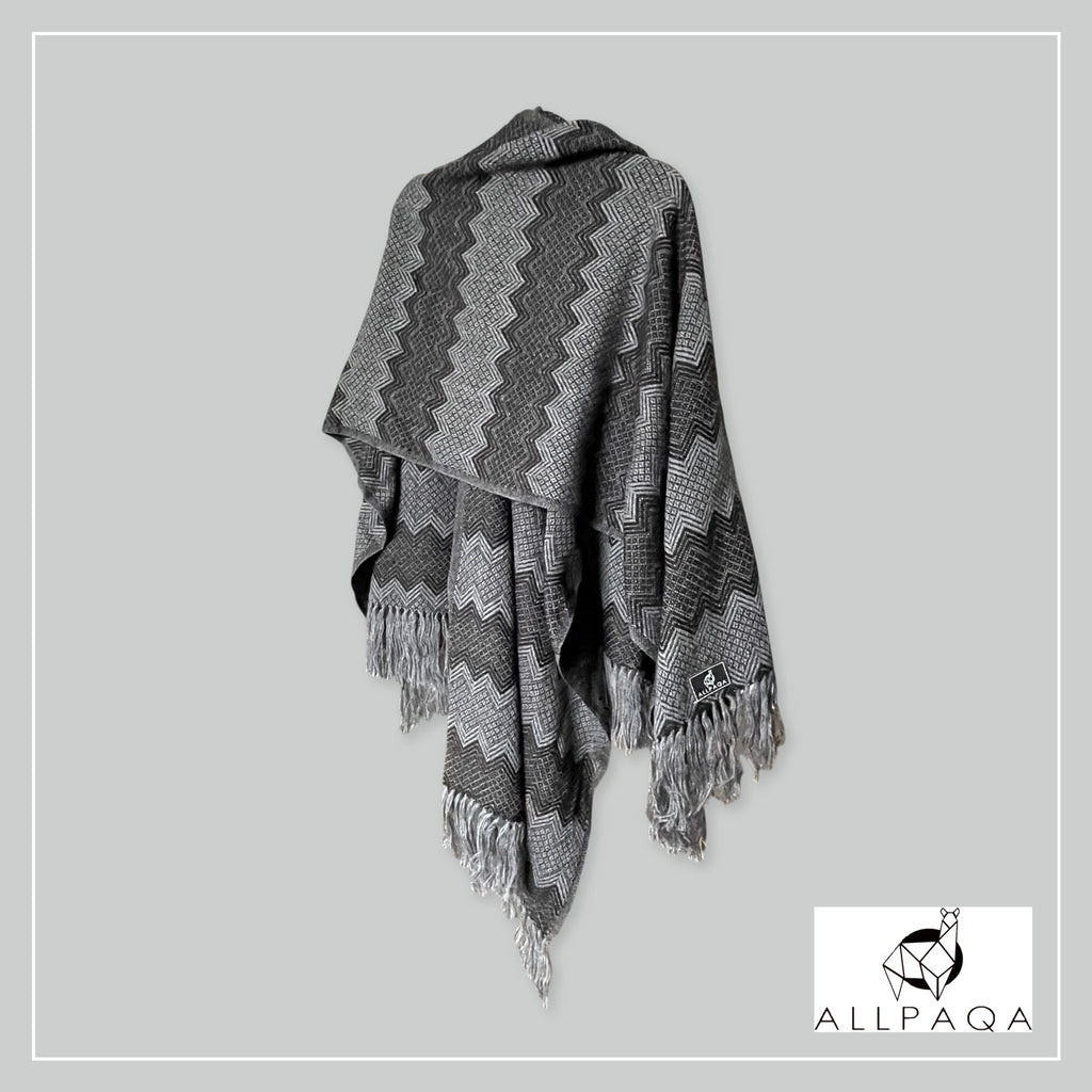 Handmade alpaca shawl in grey and dark grey