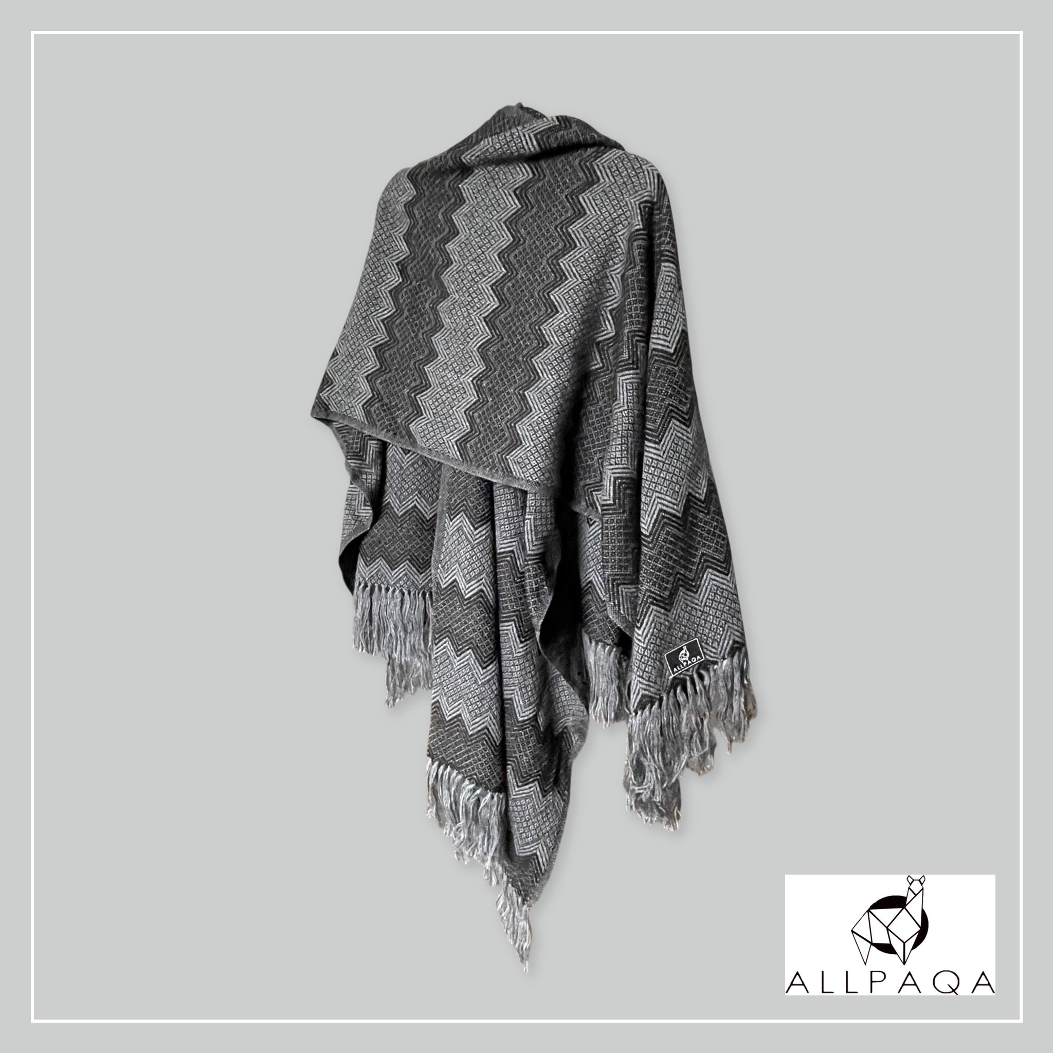 Handmade alpaca shawl in grey and dark grey