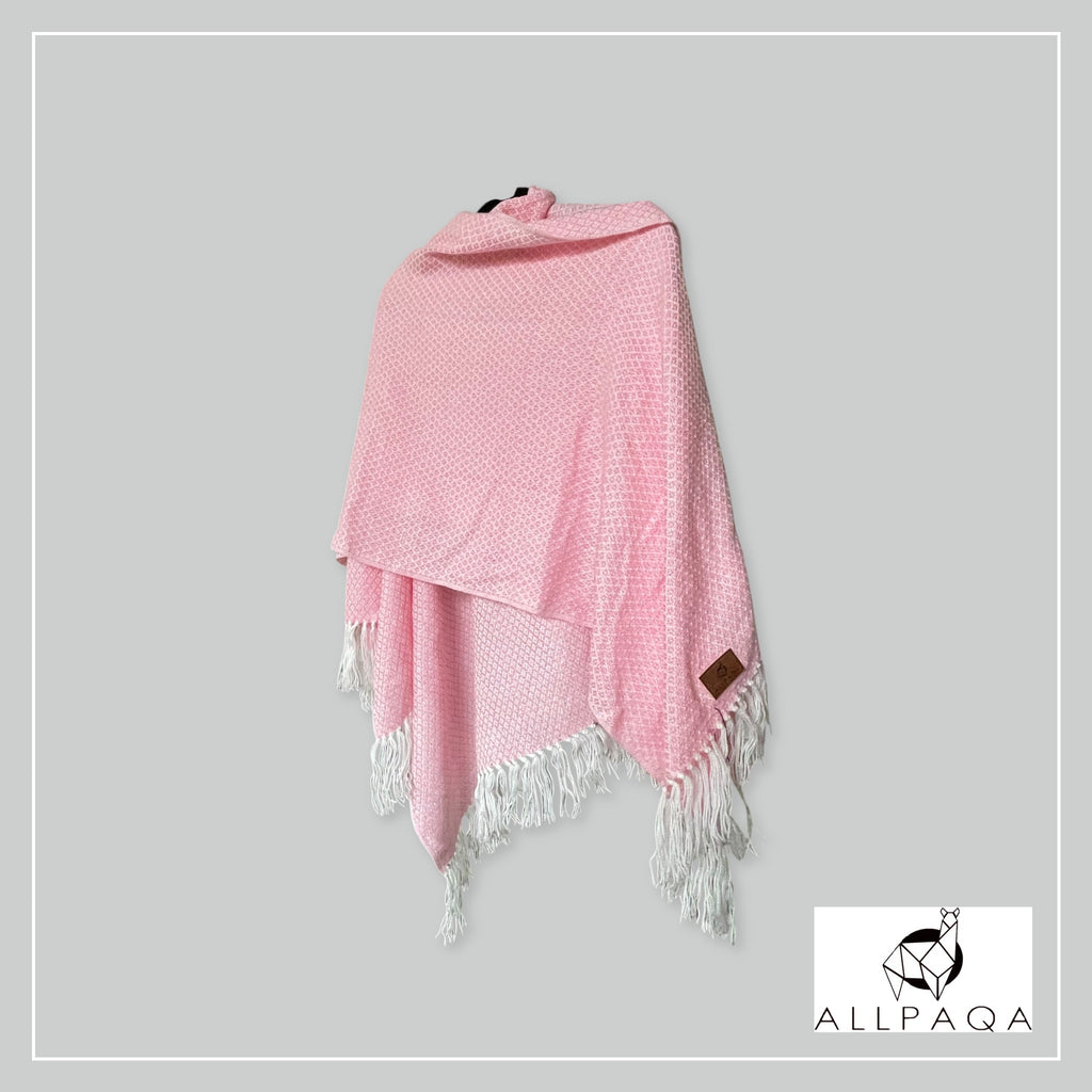 Handmade alpaca shawl in pink and white