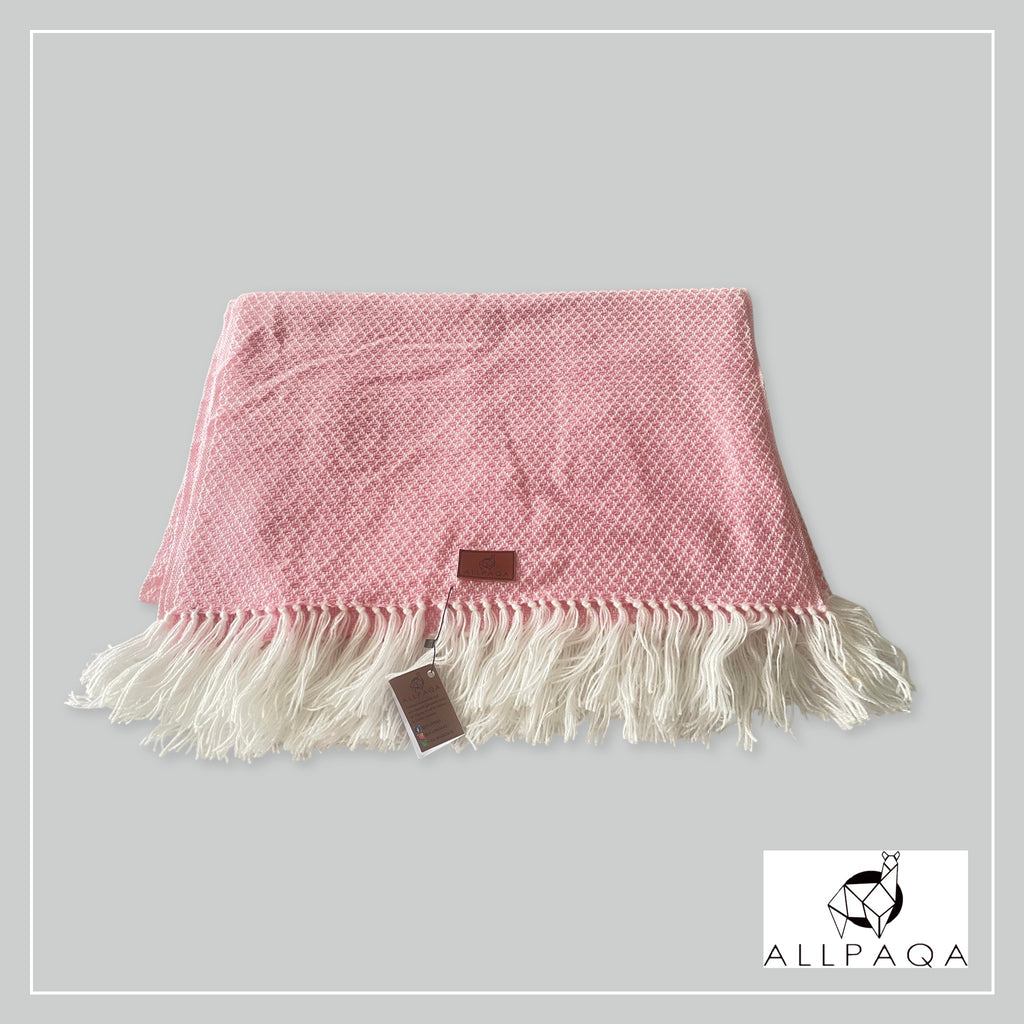 Handmade alpaca shawl in pink and white