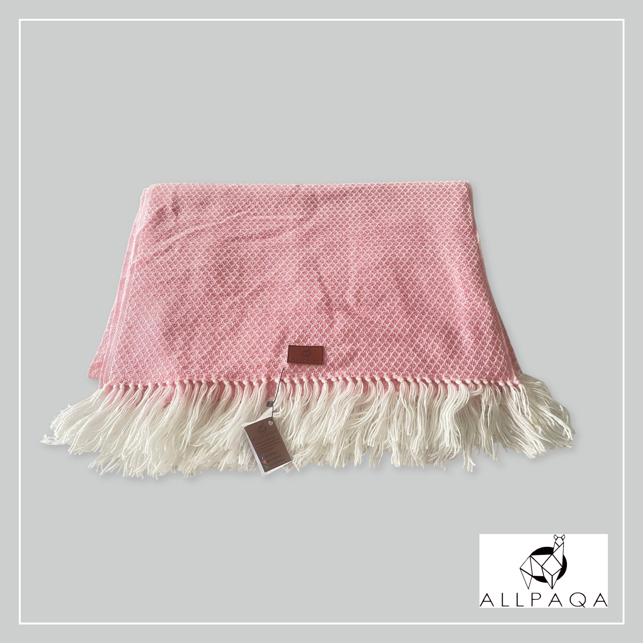 Handmade alpaca shawl in pink and white