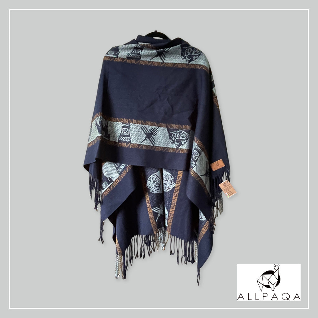 Handmade alpaca shawl in dark blue with grey alpaca pattern