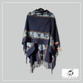 Handmade alpaca shawl in dark blue with grey alpaca pattern