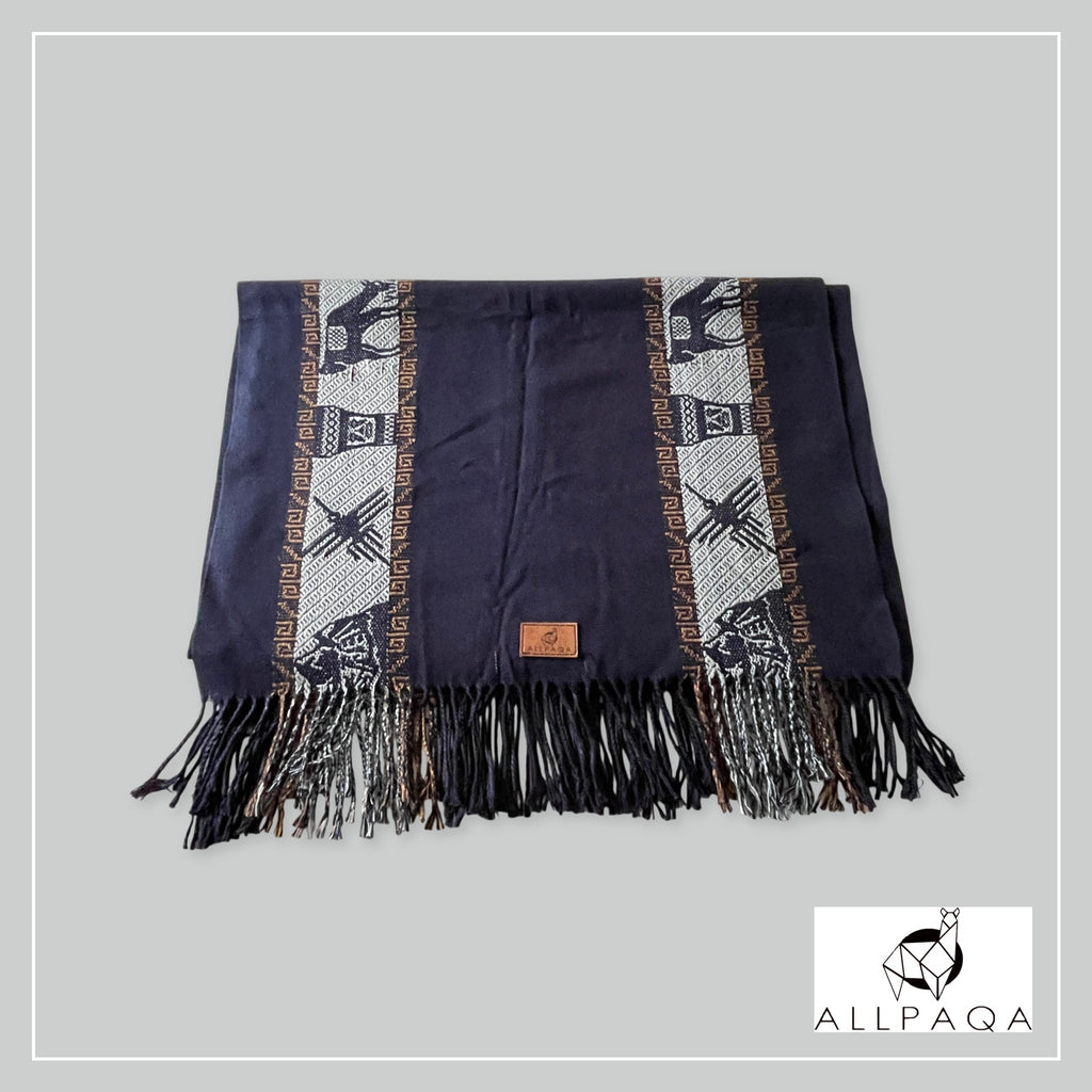 Handmade alpaca shawl in dark blue with grey alpaca pattern