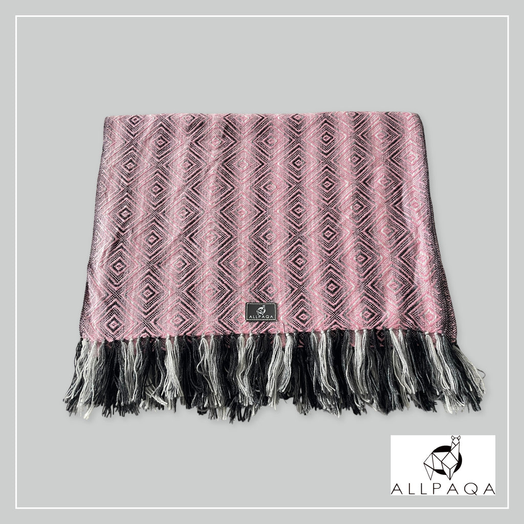 Handmade alpaca shawl in pink and black