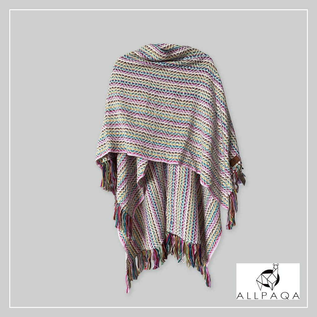 Handmade alpaca shawl in pink with multicoloured strips