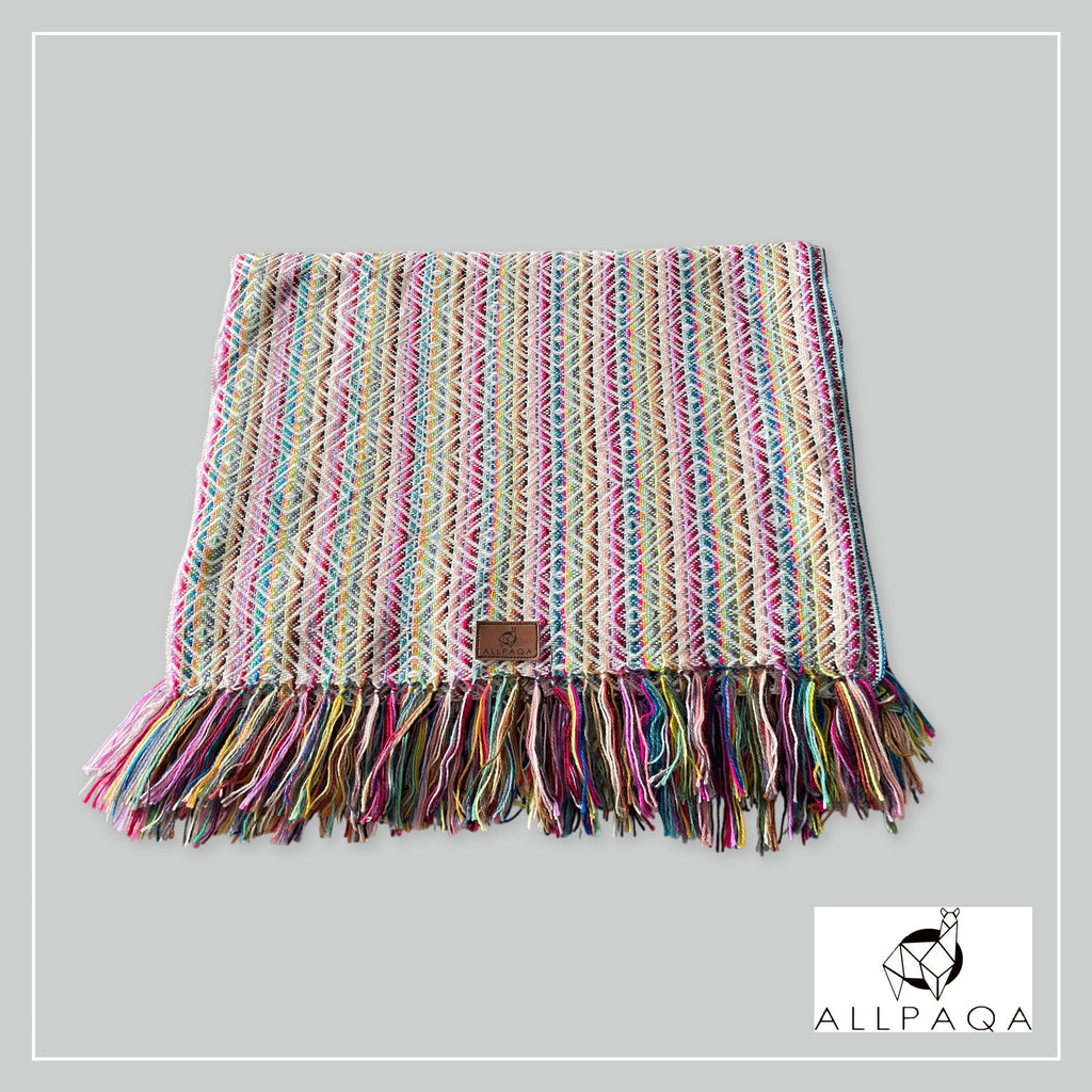 Handmade alpaca shawl in pink with multicoloured strips