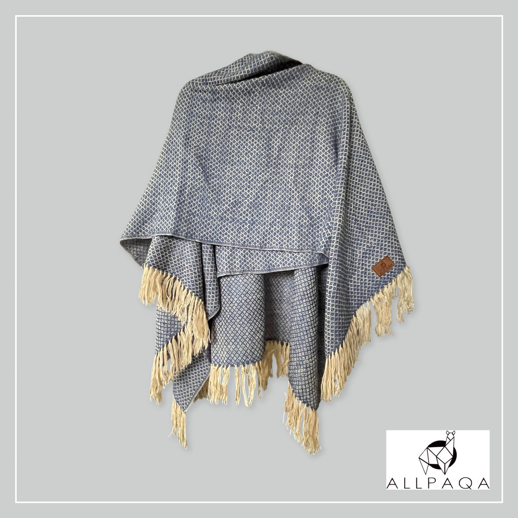 Handmade alpaca shawl in blue and beige