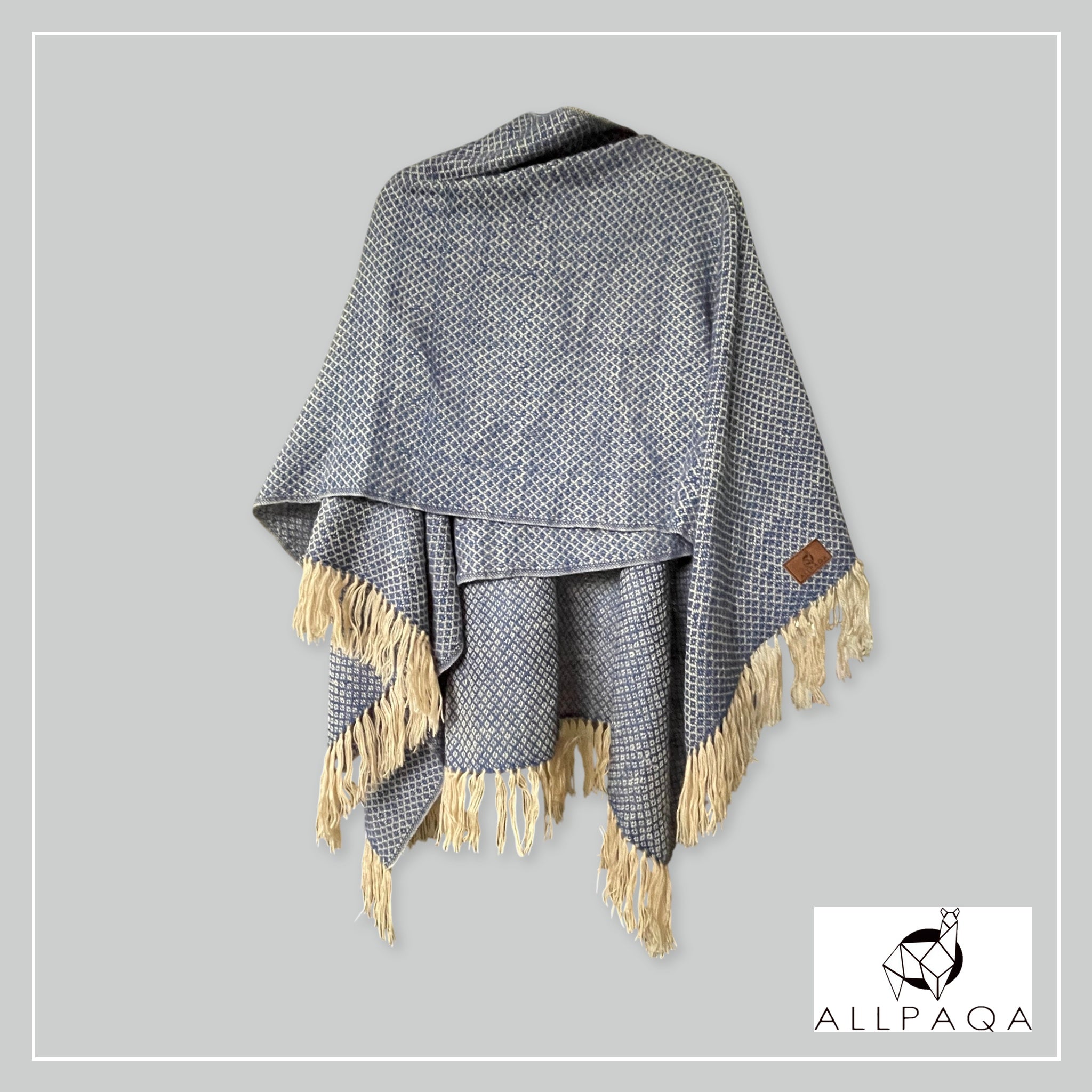 Handmade alpaca shawl in blue and beige