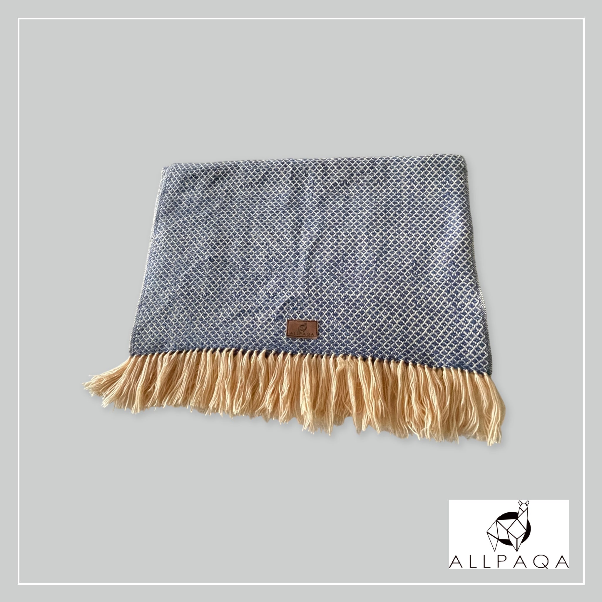 Handmade alpaca shawl in blue and beige