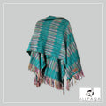 Handmade alpaca shawl in turquoise green with multicoloured strips