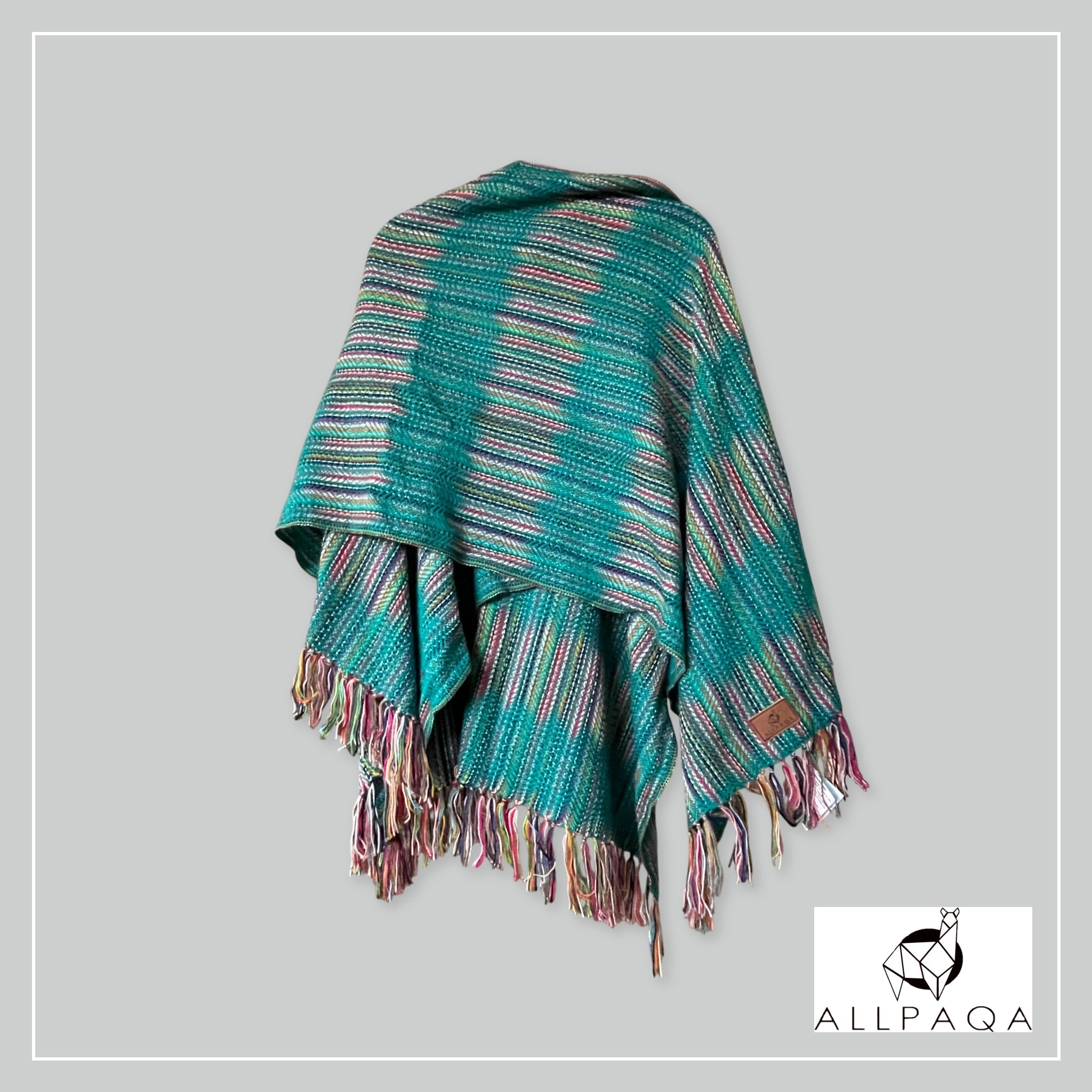Handmade alpaca shawl in turquoise green with multicoloured strips