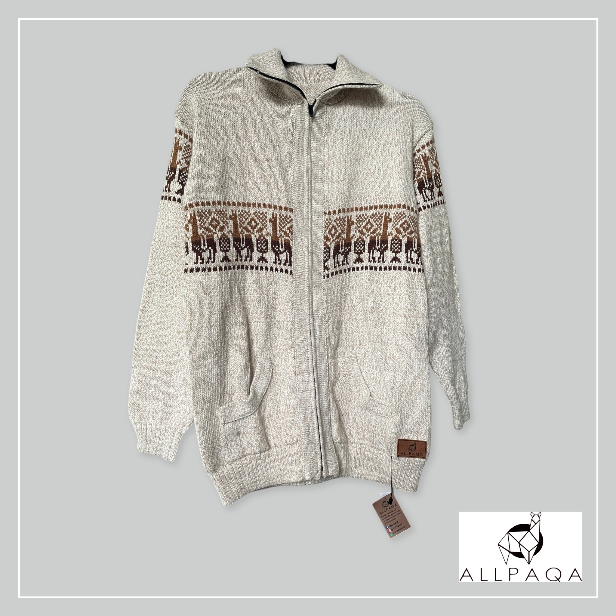Handmade alpaca zip-up cardigan in cream with brown alpaca pattern