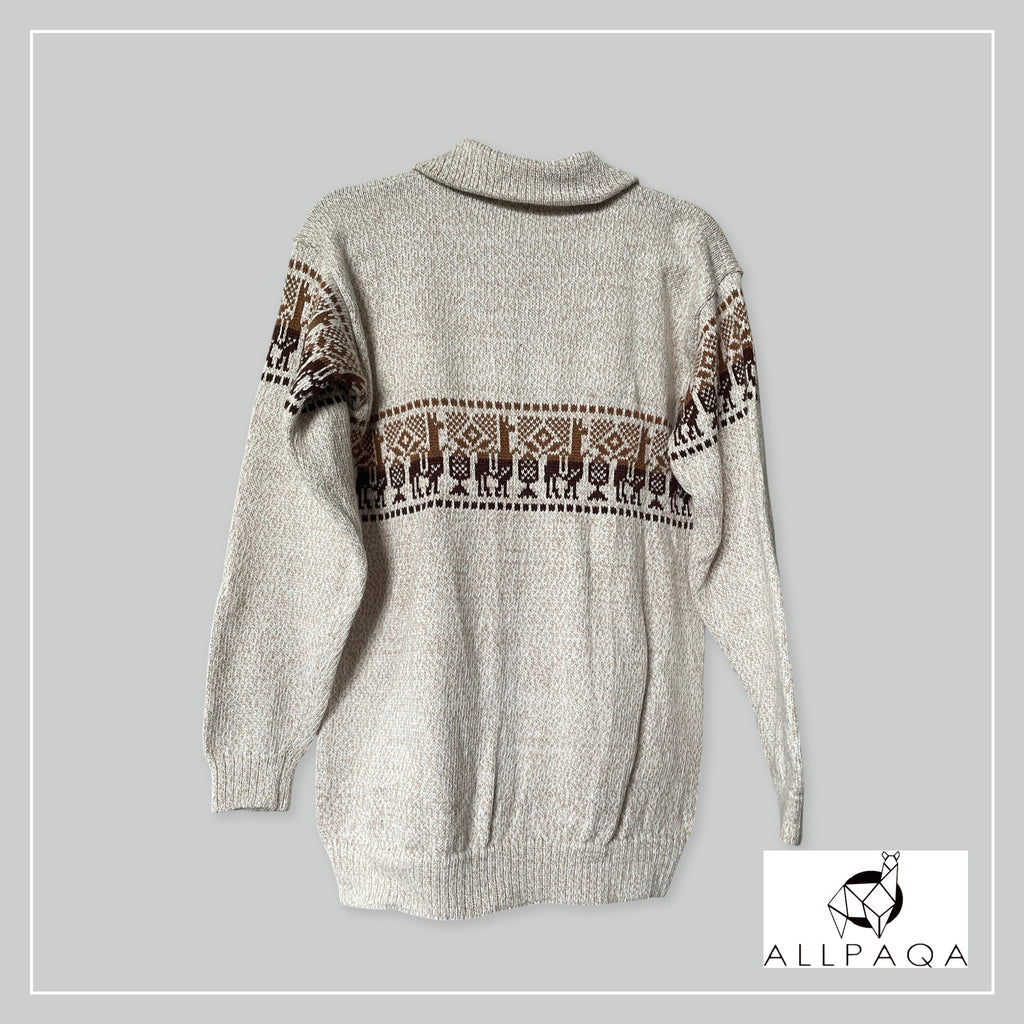 Handmade alpaca zip-up cardigan in cream with brown alpaca pattern