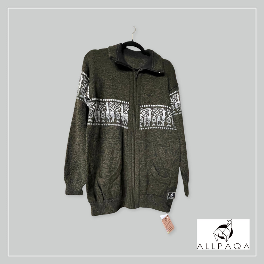 Handmade alpaca zip-up cardigan in olive green with white alpaca pattern