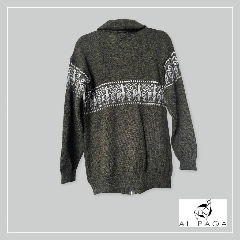 Handmade alpaca zip-up cardigan in olive green with white alpaca pattern
