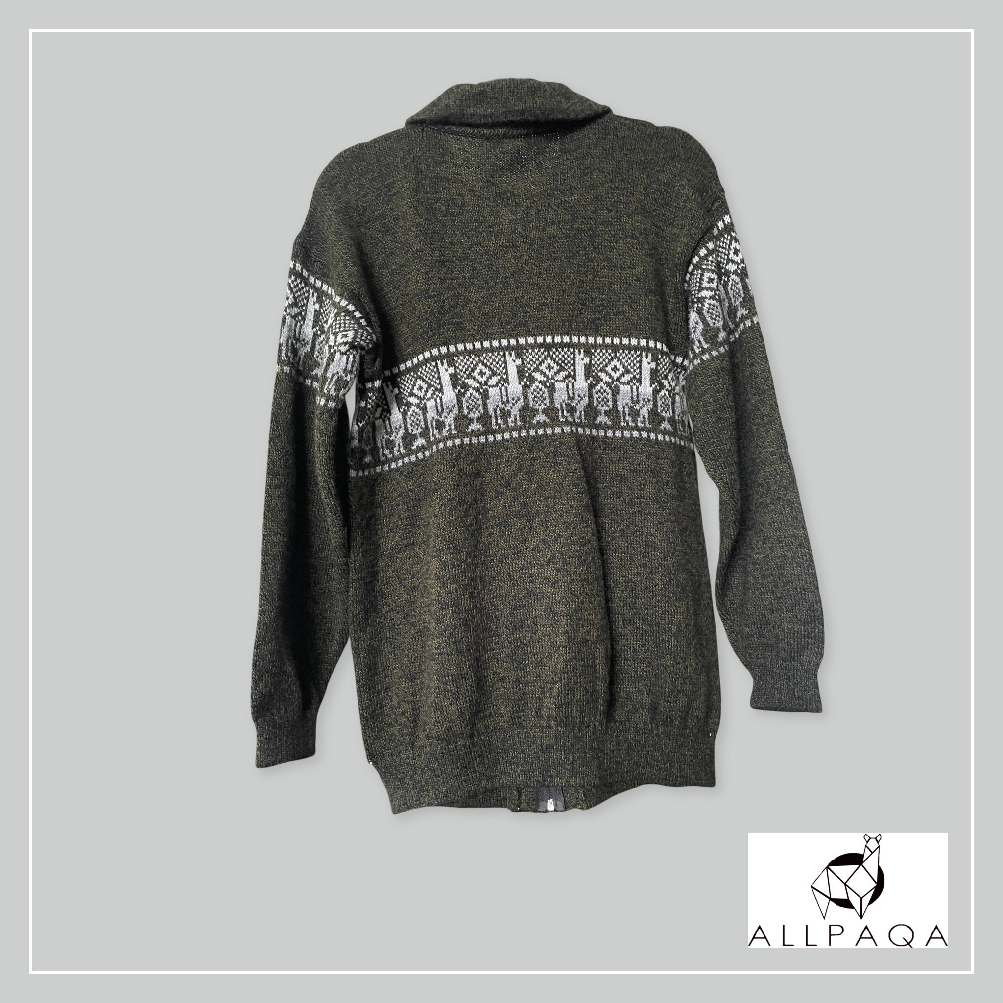 Handmade alpaca zip-up cardigan in olive green with white alpaca pattern