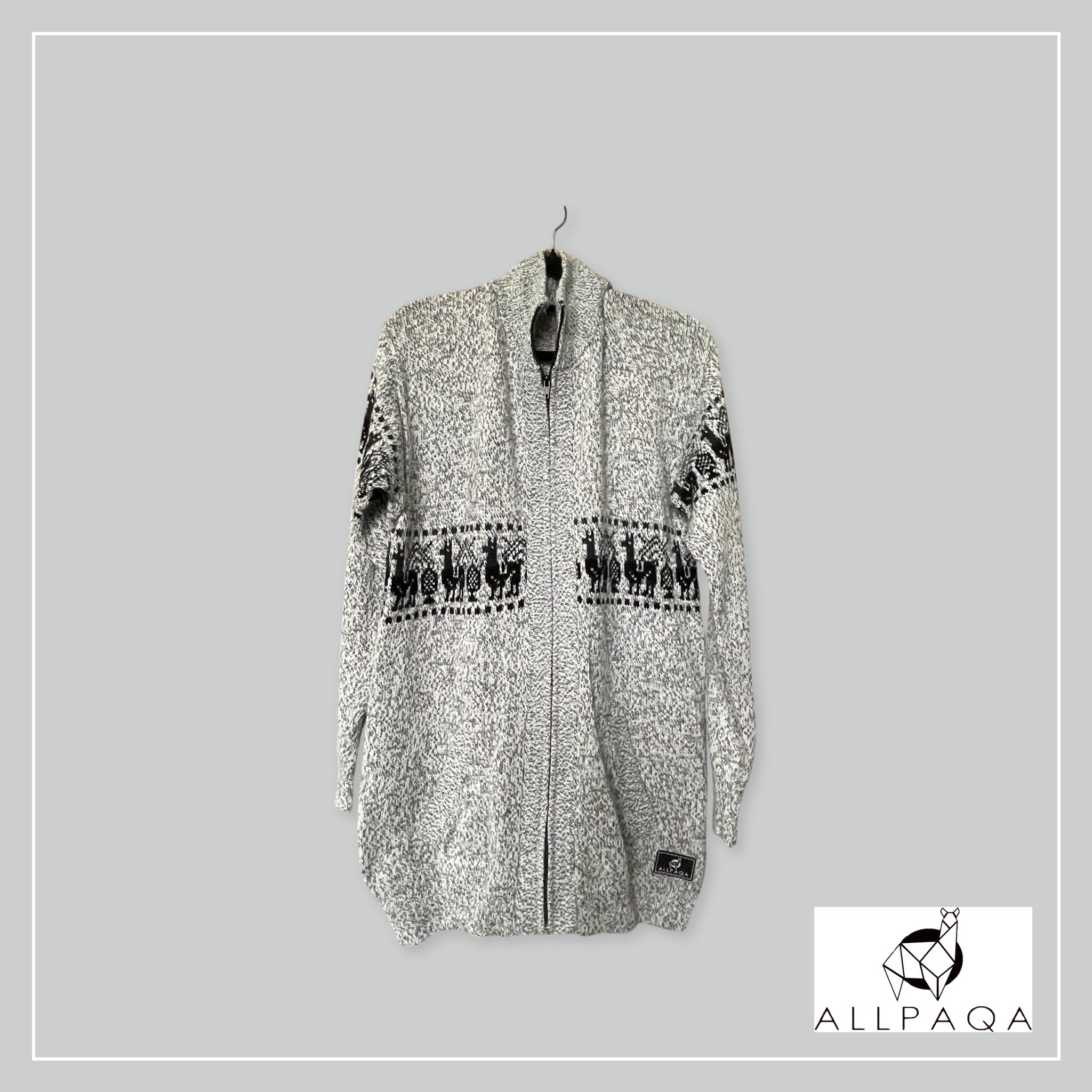 Handmade alpaca zip-up cardigan in light grey with black alpaca pattern