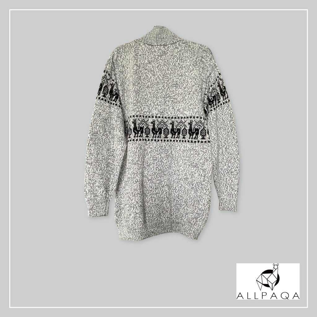 Handmade alpaca zip-up cardigan in light grey with black alpaca pattern