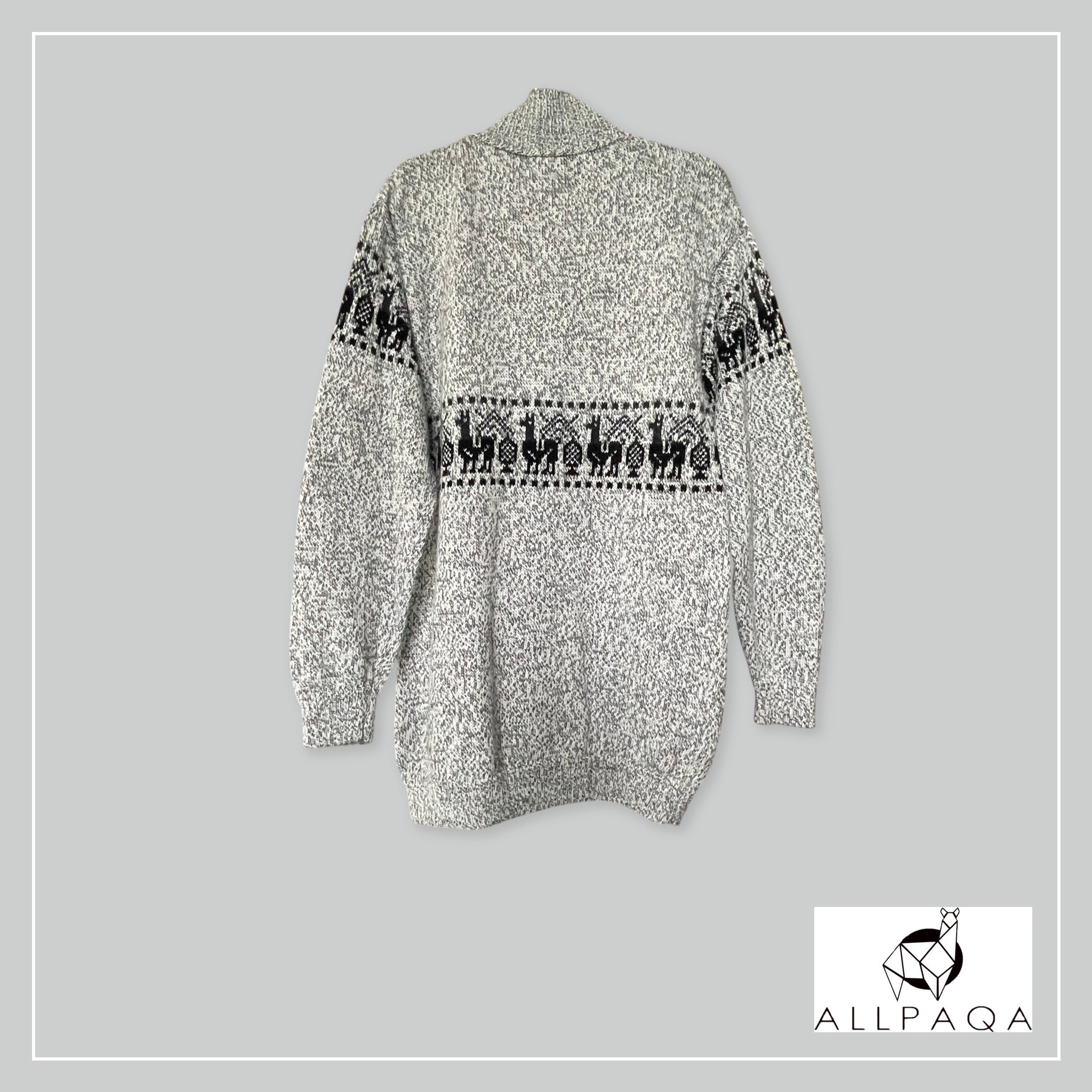 Handmade alpaca zip-up cardigan in light grey with black alpaca pattern
