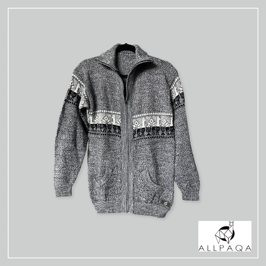Handmade alpaca zip-up cardigan in dark grey with black alpaca pattern