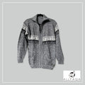 Handmade alpaca zip-up cardigan in dark grey with black alpaca pattern