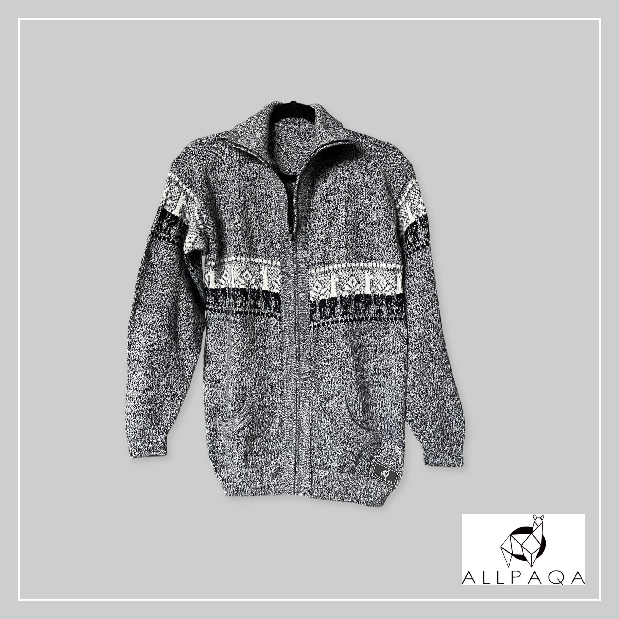 Handmade alpaca zip-up cardigan in dark grey with black alpaca pattern